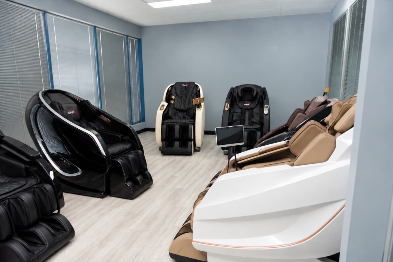 Massage chairs displayed inside the hiBOD Queensland showroom in Southport
